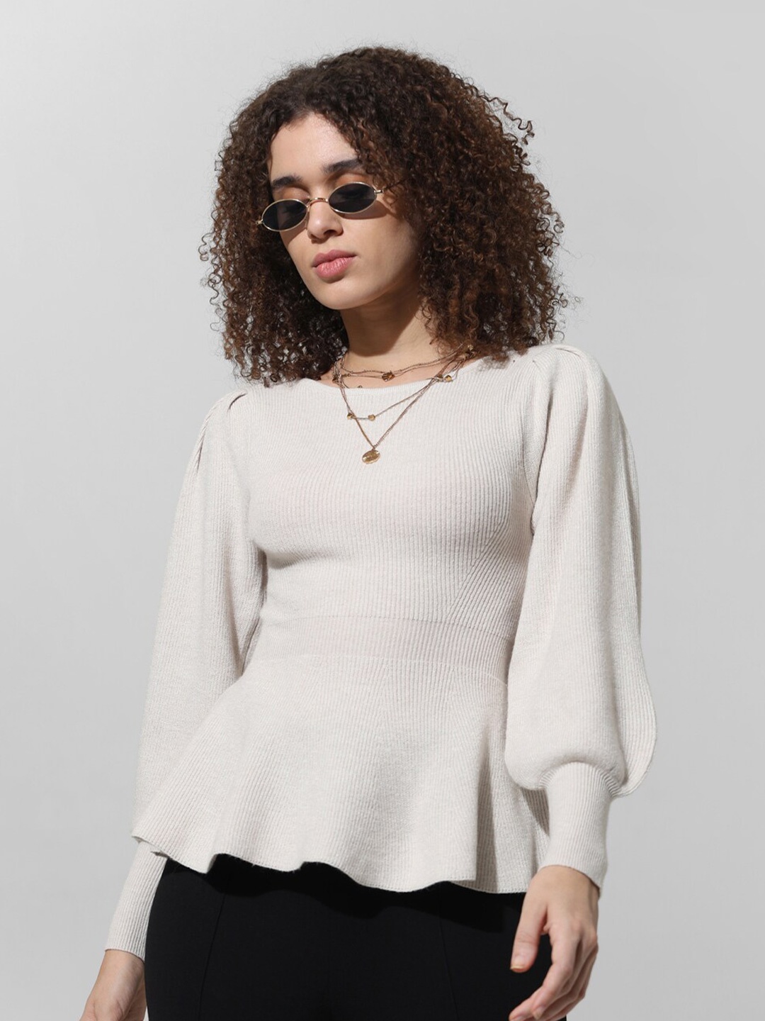 

ONLY Round Neck Bishop Sleeves Pullover Sweater, Cream