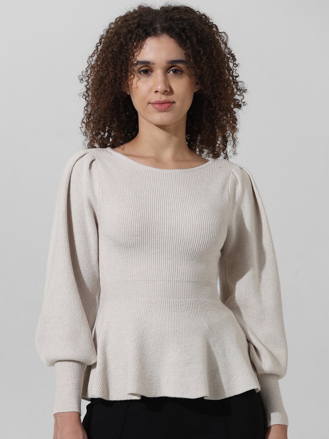 

ONLY Round Neck Bishop Sleeves Pullover Sweater, Cream