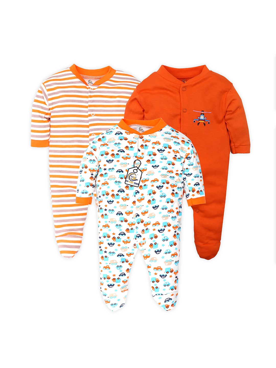 

BAESD Infants Pack Of 3 Cotton Long Sleeves Sleepsuits, Orange