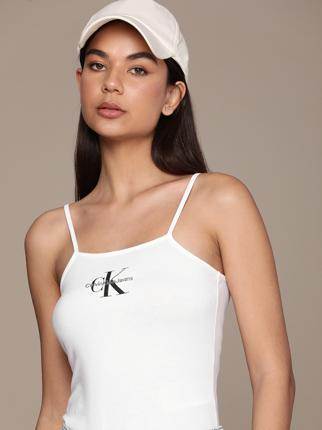 

Calvin Klein Jeans Printed Shoulder Straps Bodysuit, White