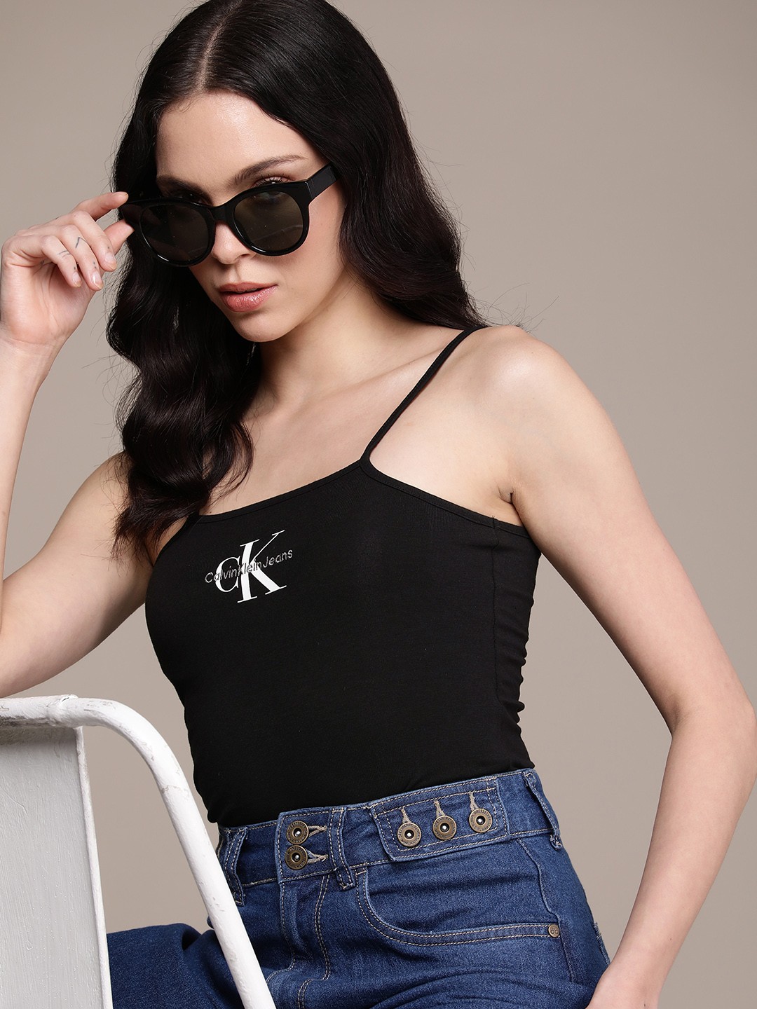 

Calvin Klein Jeans Brand Logo Embroidered Sleeveless Bodysuit, Black