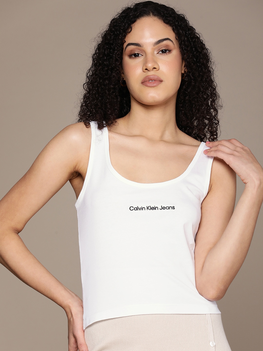 

Calvin Klein Jeans Brand Logo Embroidered Pure Cotton Sleeveless Top, White