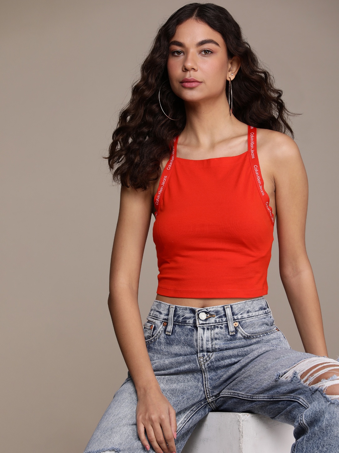 

Calvin Klein Jeans Shoulder Straps Crop Top, Red