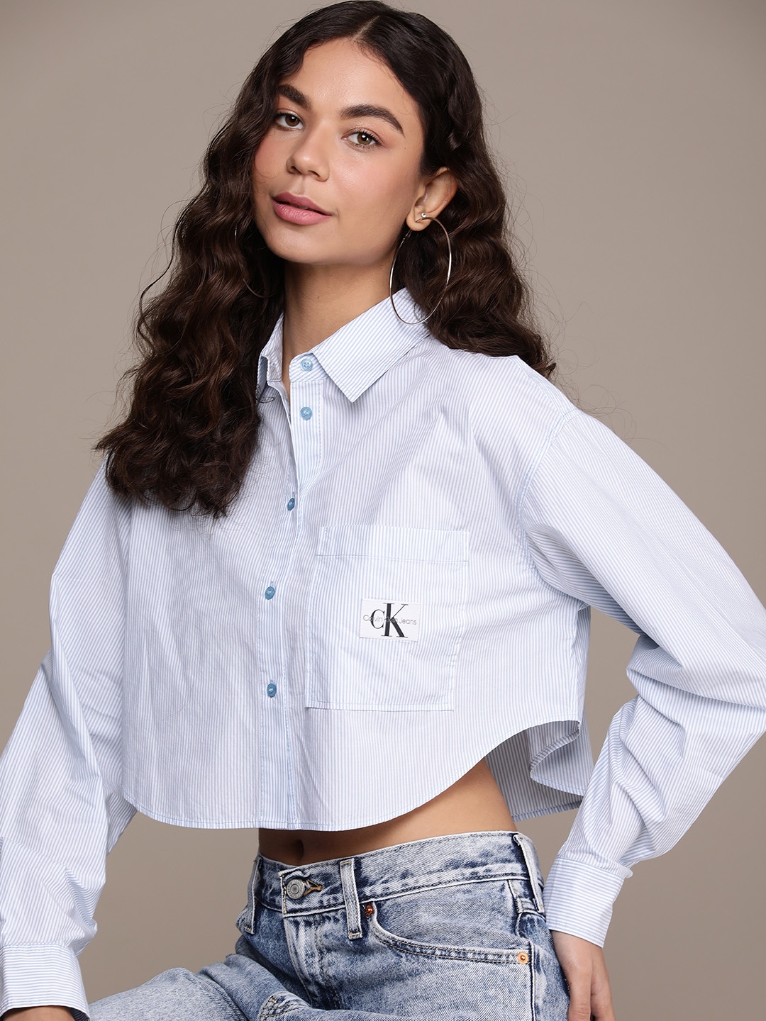 

Calvin Klein Jeans Women Pure Cotton Striped Crop Casual Shirt, White