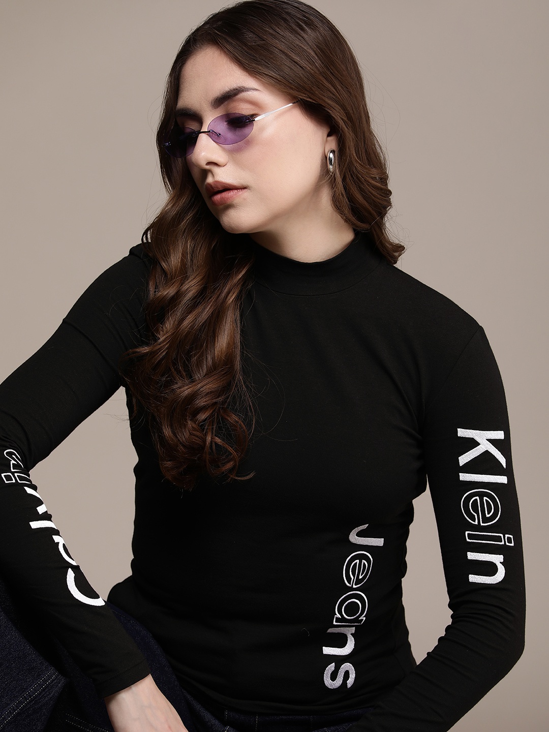 

Calvin Klein Jeans Brand Logo Embroidered High Neck Slim Fit T-shirt, Black