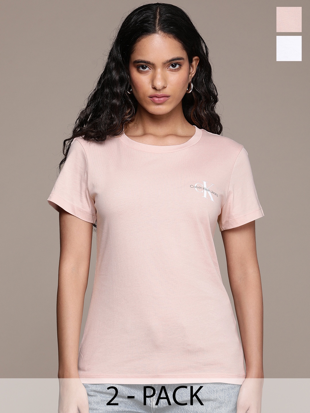 

Calvin Klein Jeans Pack Of 2 Brand Logo Printed Pure Cotton Slim Fit T-shirt, Pink