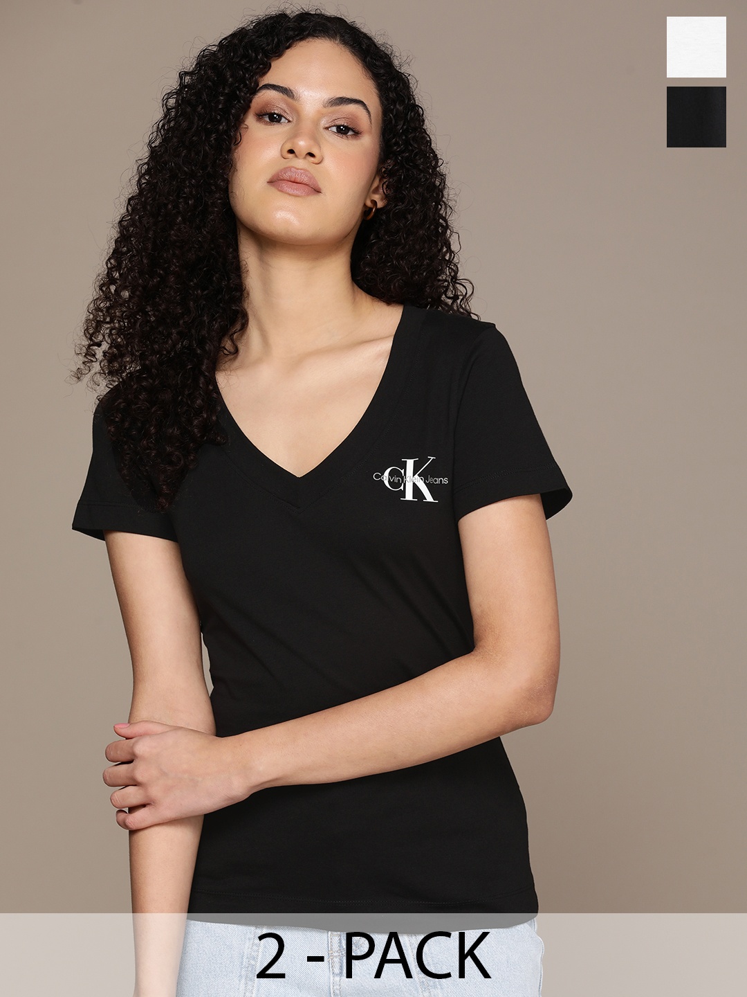 

Calvin Klein Jeans Pack Of 2 Brand Logo Printed V-Neck Pure Cotton T-shirt, Black