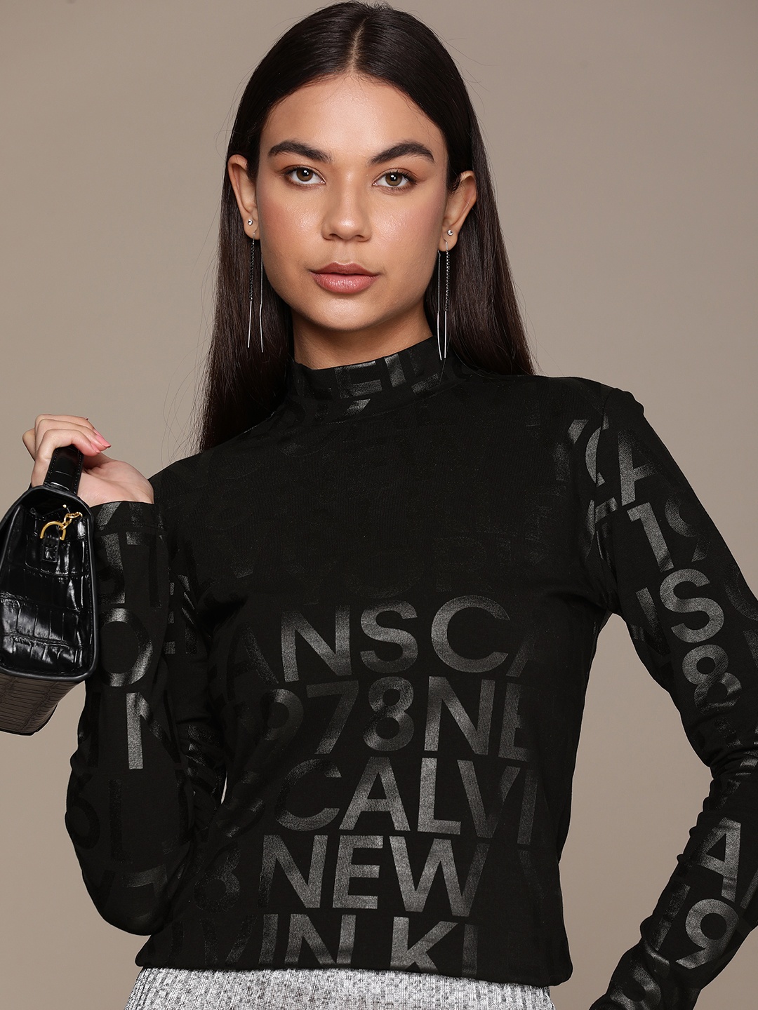 

Calvin Klein Jeans Brand Logo Printed High Neck Top, Black