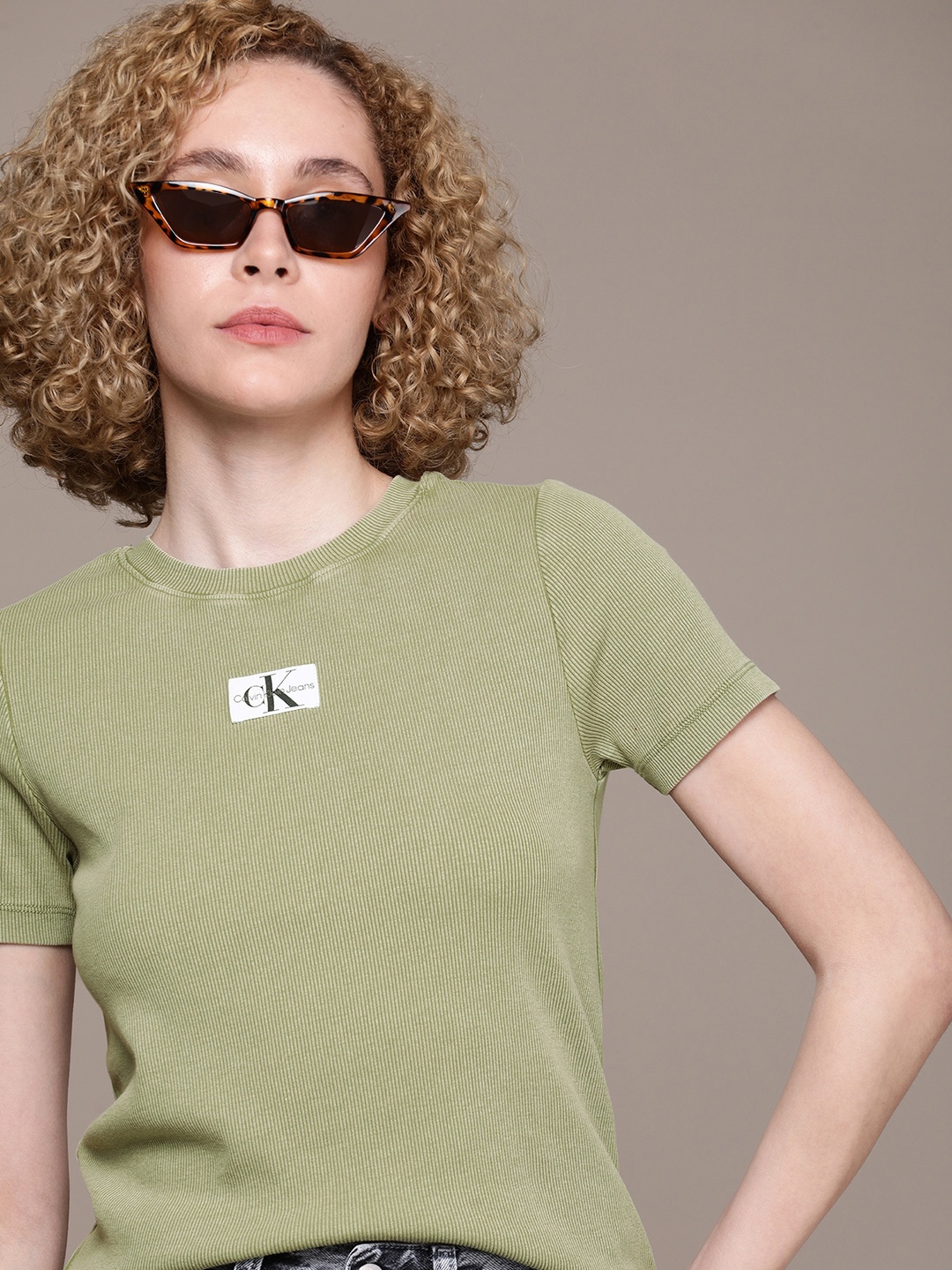 

Calvin Klein Jeans Brand Logo Applique Ribbed Slim Fit T-shirt, Green