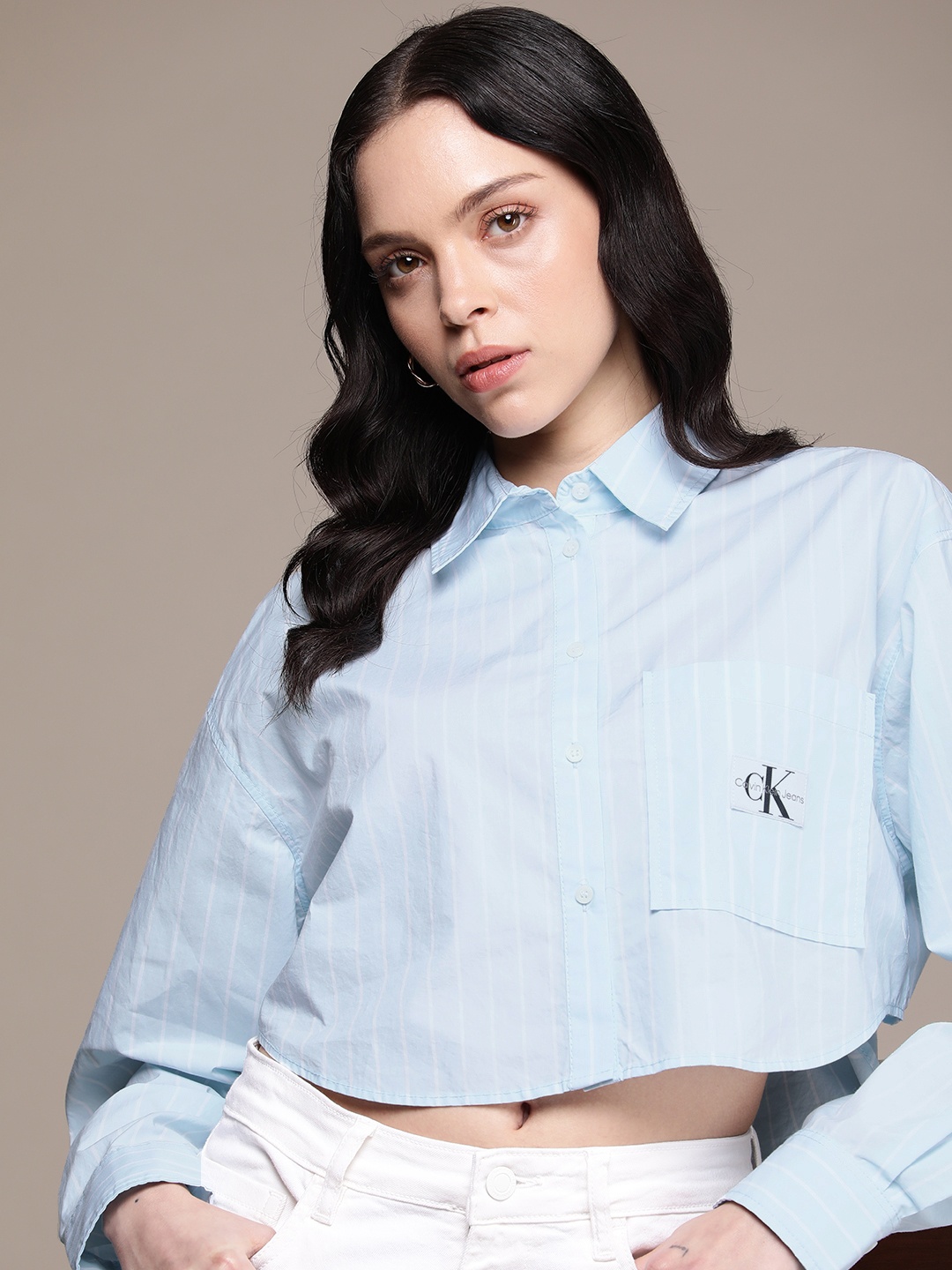

Calvin Klein Jeans Striped Pure Cotton Crop Casual Shirt, Blue