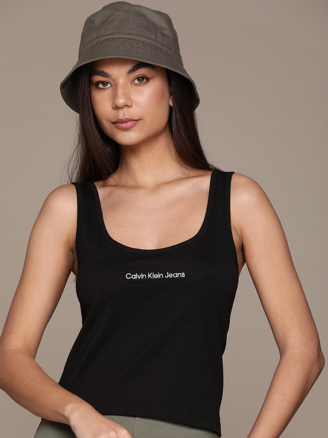 

Calvin Klein Jeans Brand Logo Embroidered Pure Cotton Tank Top, Black