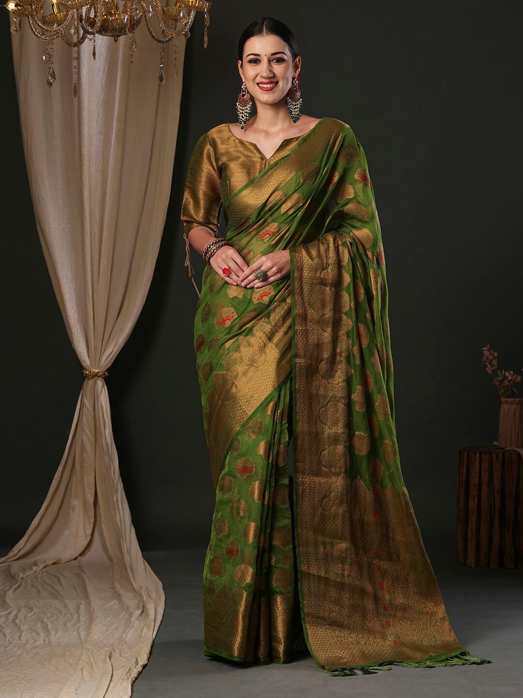 

Anouk Ethnic Motifs Woven Design Organza Banarasi Saree, Olive