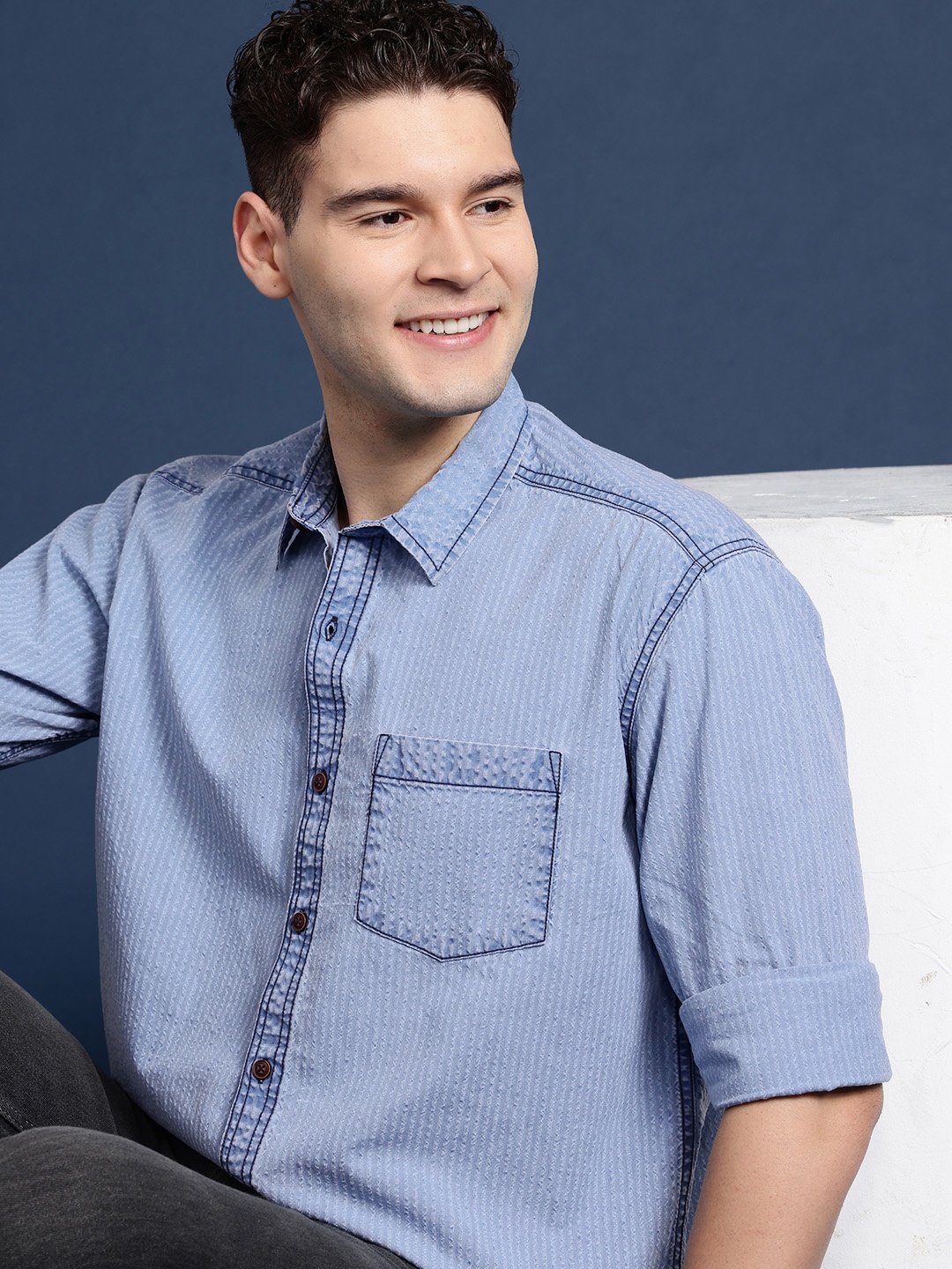

Mast & Harbour Men Striped Casual Chambray Shirt, Blue