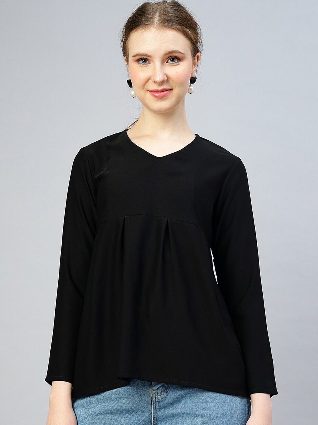 

FITHUB V-Neck Long Sleeves A-Line Cotton Top, Black