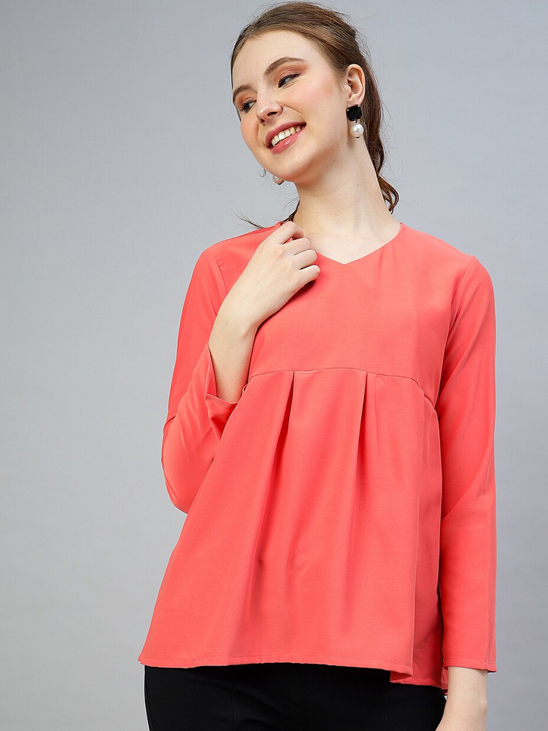 

FITHUB V-Neck Long Sleeves A-Line Cotton Top, Orange