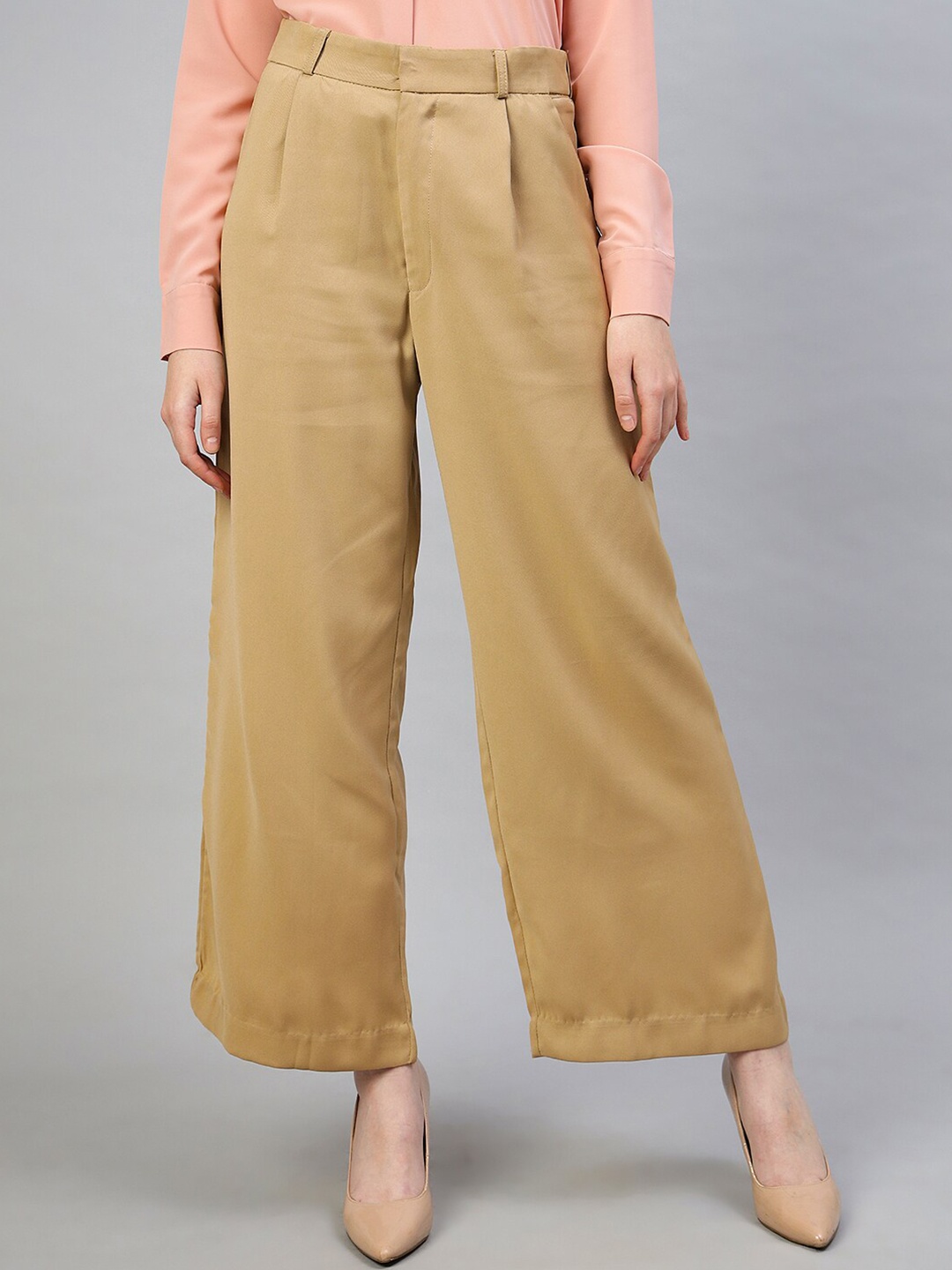 

FITHUB Women Smart Loose Fit High-Rise Pleated Cotton Parallel Trouser, Beige