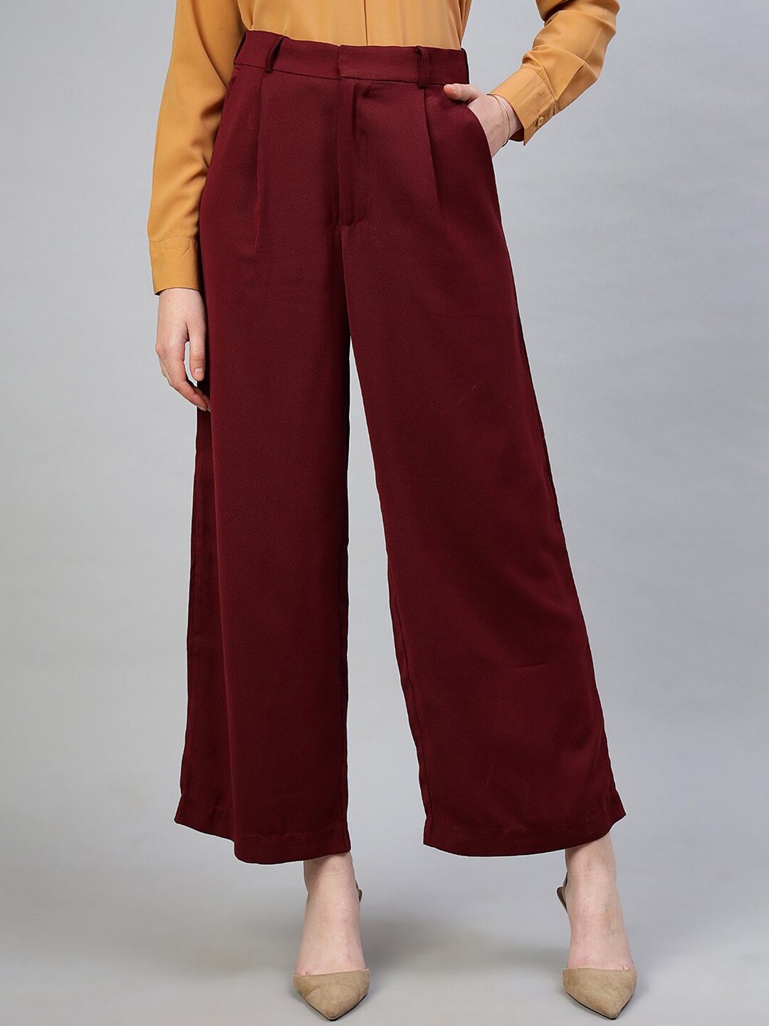

FITHUB Women Smart Loose Fit High-Rise Pleated Cotton Parallel Trouser, Maroon