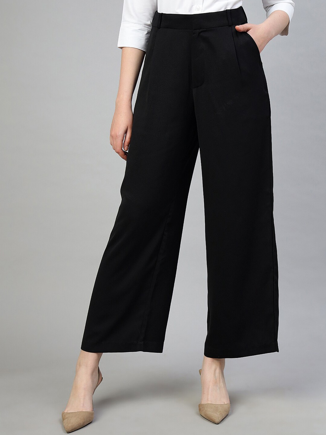 

FITHUB Women Smart Loose Fit High-Rise Pleated Cotton Parallel Trouser, Black