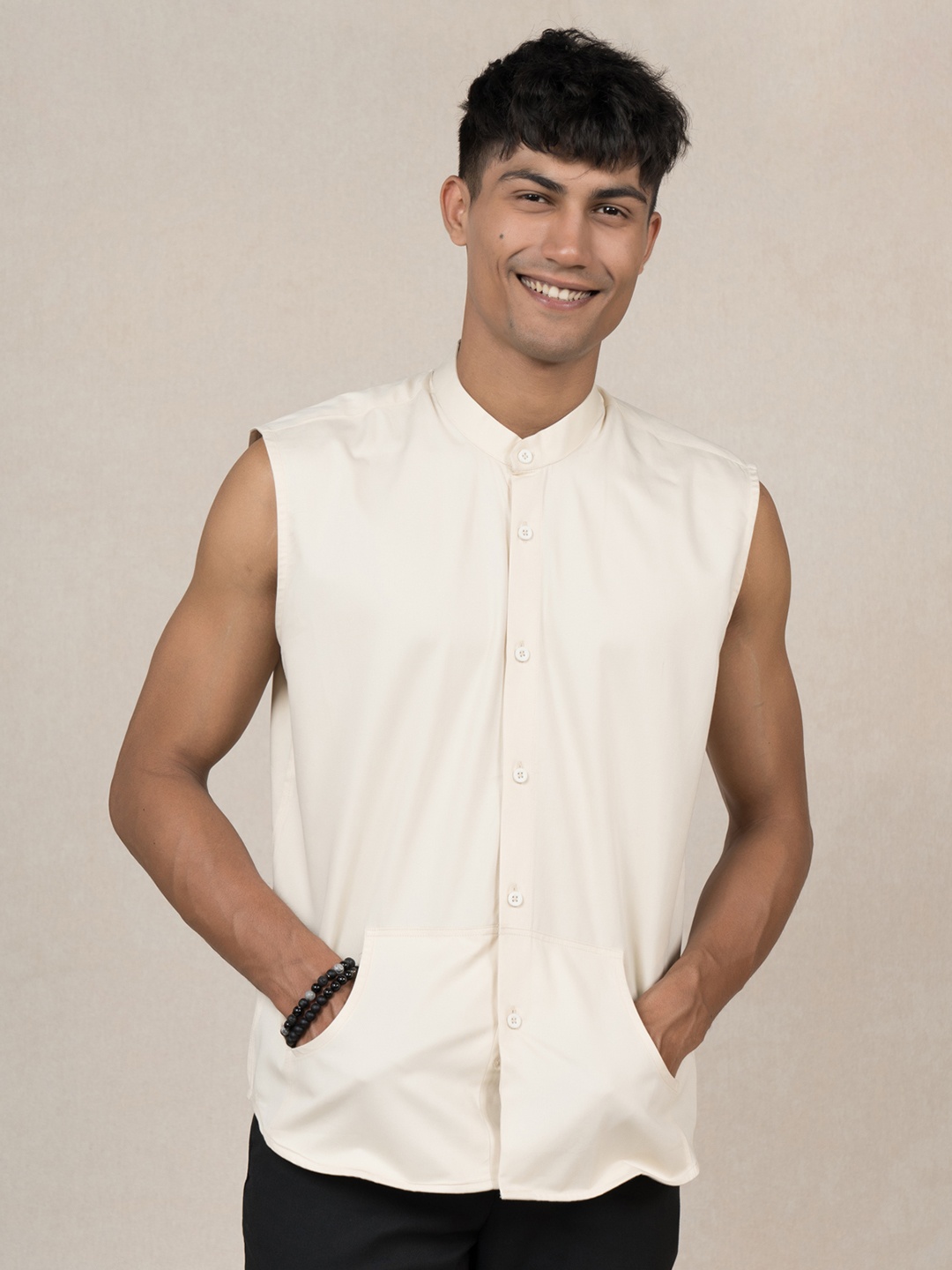 

Wellbi Comfort Slim Fit Mandarin Collar Pure Cotton Casual Shirt, Cream