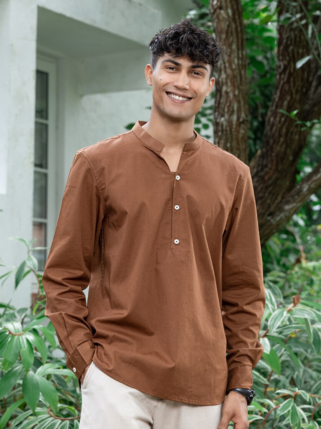

Wellbi Mandarin Collar Long Sleeves Comfort Slim Fit Casual Shirt, Brown