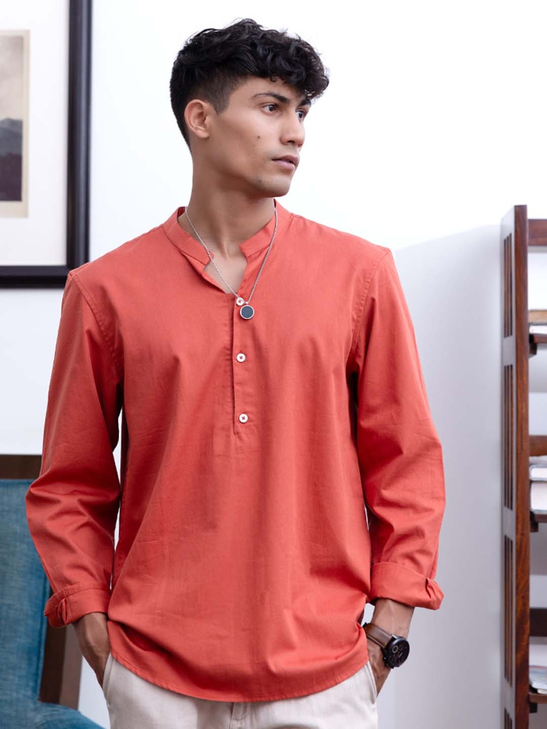

Wellbi Comfort Slim Fit Mandarin Collar Pure Cotton Casual Shirt, Red