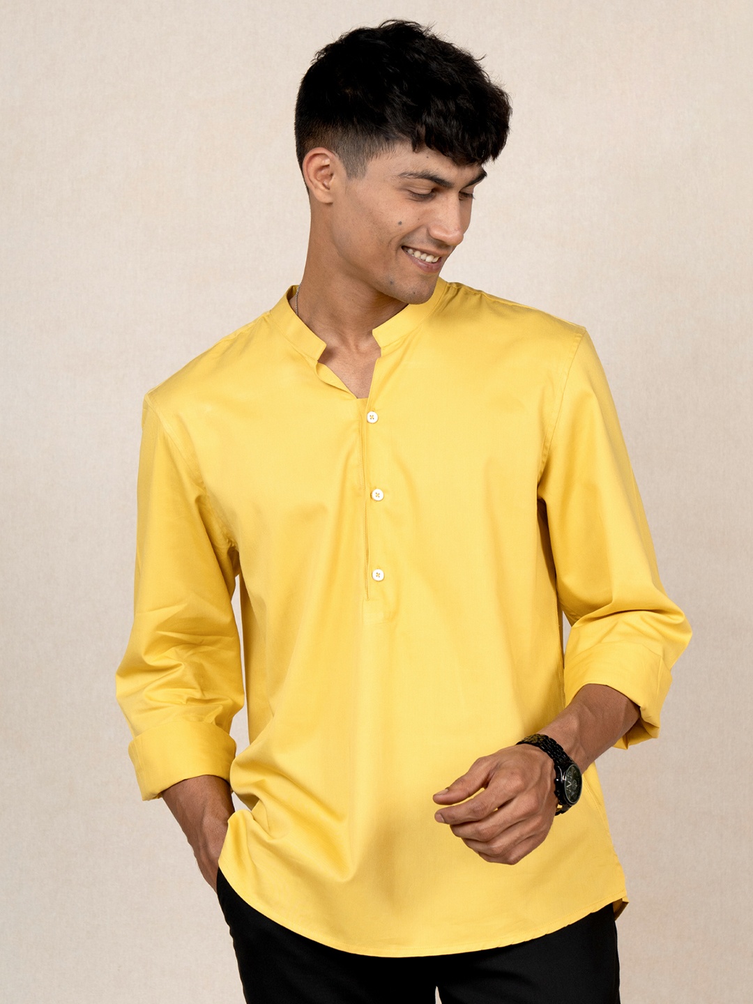 

Wellbi Mandarin Collar Long Sleeves Comfort Cotton Slim Fit Casual Shirt, Yellow