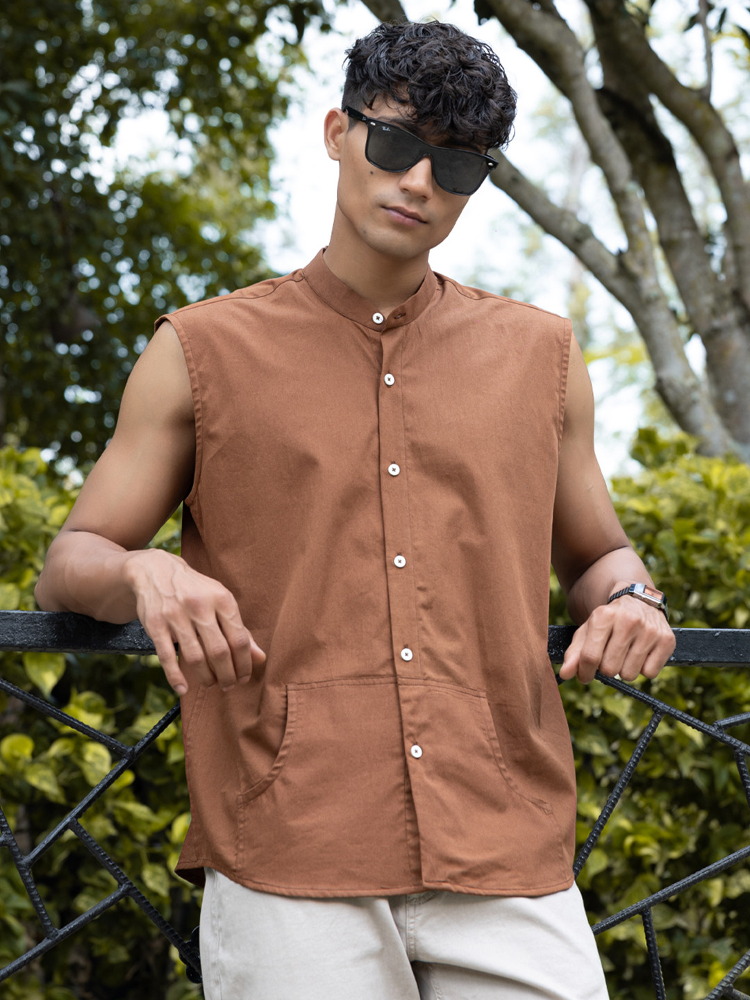 

Wellbi Comfort Slim Fit Band Collar Pure Cotton Casual Shirt, Brown