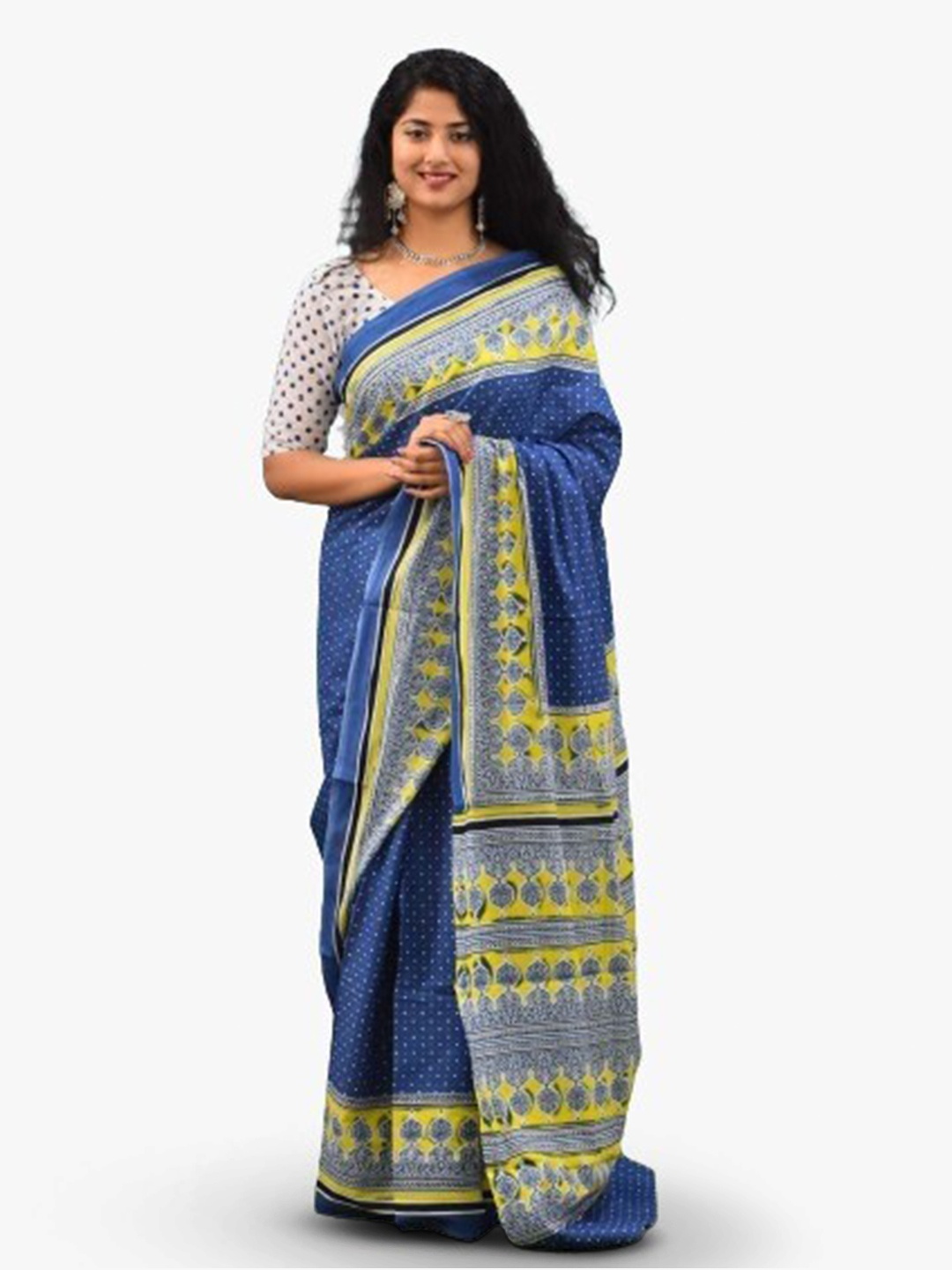 

TROPWEAR Ethnic Motifs Printed Pure Cotton Block Print Ikat Saree, Yellow