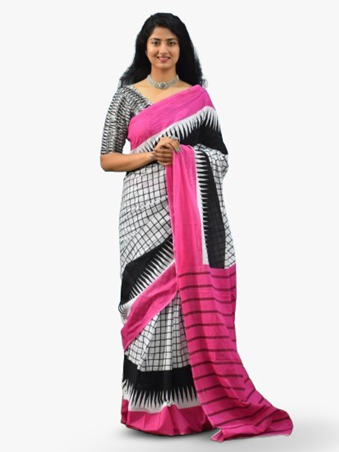 

TROPWEAR Checked Pure Cotton Block Print Ikat Saree, Pink