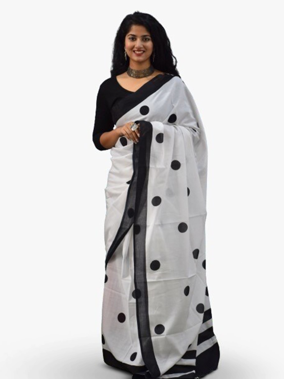 

TROPWEAR Polka Dots Printed Pure Cotton Block Print Ikat Saree, White