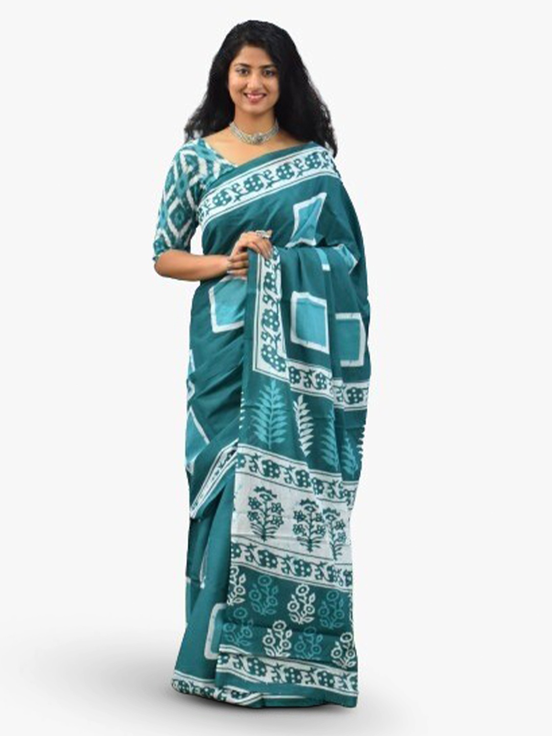 

TROPWEAR Geometric Printed Pure Cotton Ikat Saree, Turquoise blue