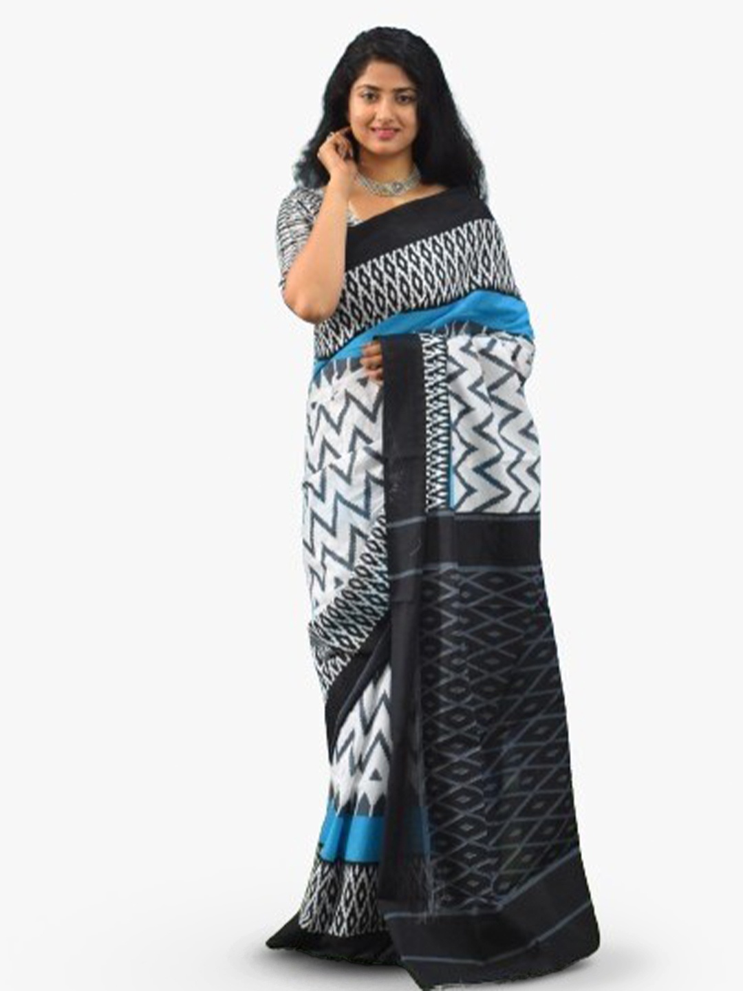 

TROPWEAR Geometric Printed Pure Cotton Block Print Ikat Saree, Blue