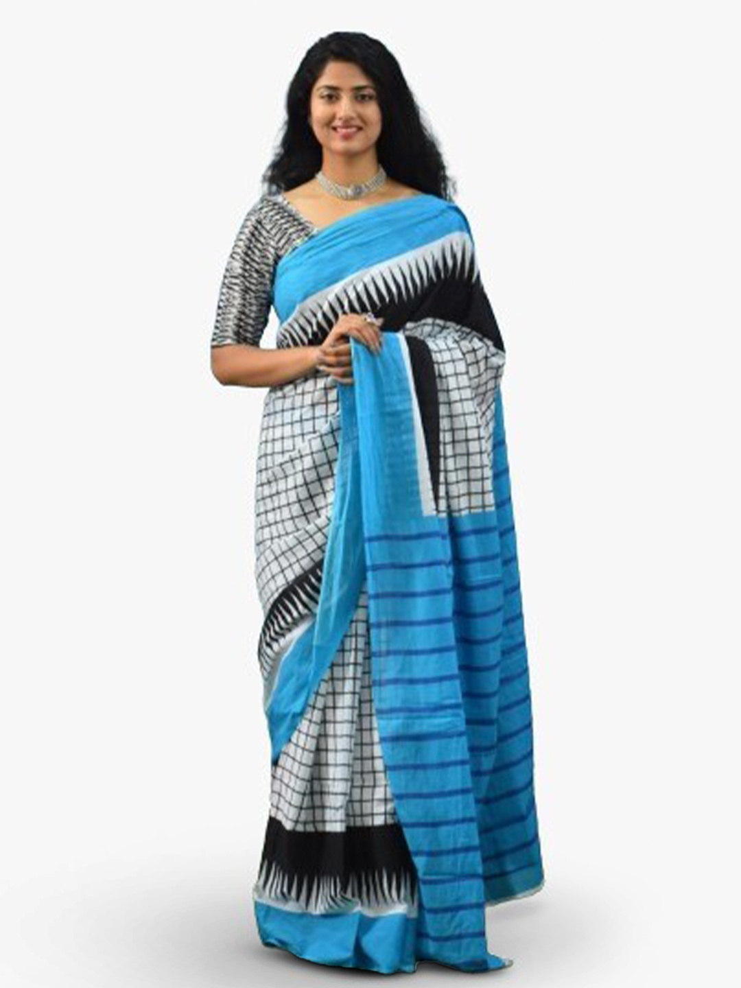 

TROPWEAR Checked Pure Cotton Block Print Saree, White
