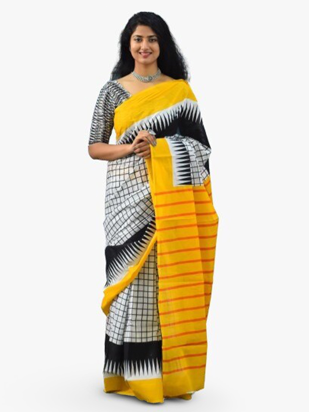 

TROPWEAR Ethnic Motifs Pure Cotton Handloom Ikat Saree, Yellow