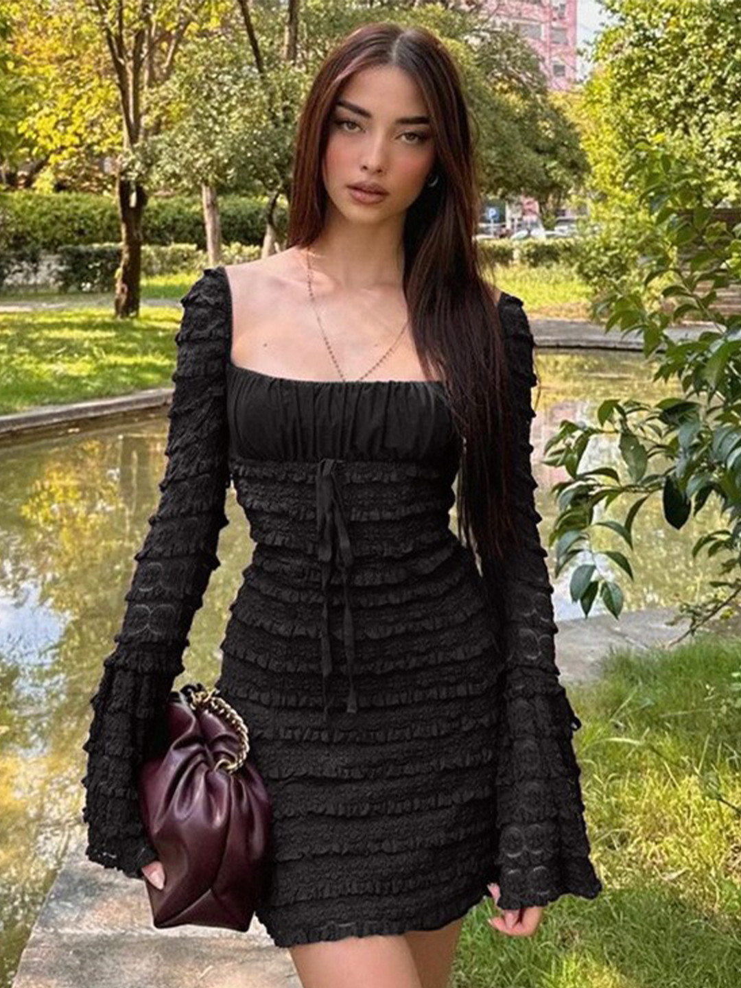 

StyleCast Black Square Neck Bell Sleeves Above Knee Sheath Dress