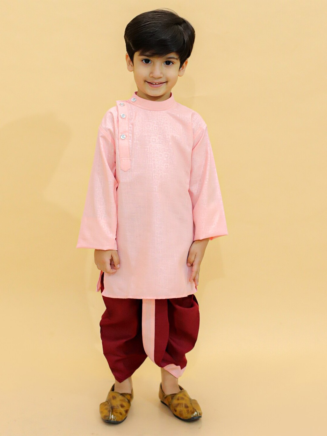 

BAESD Boys Printed Regular Mandarin Collar Straight Kurta with Dhoti Pants, Pink