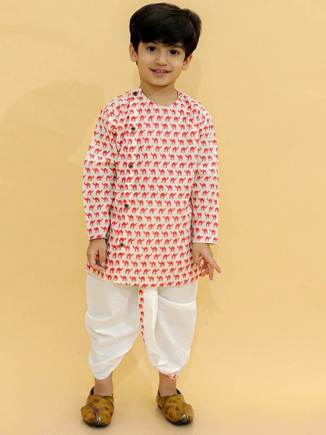 

BAESD Boys Animal Printed Round Neck Pure Cotton Straight Kurta with Dhoti Pants, Red