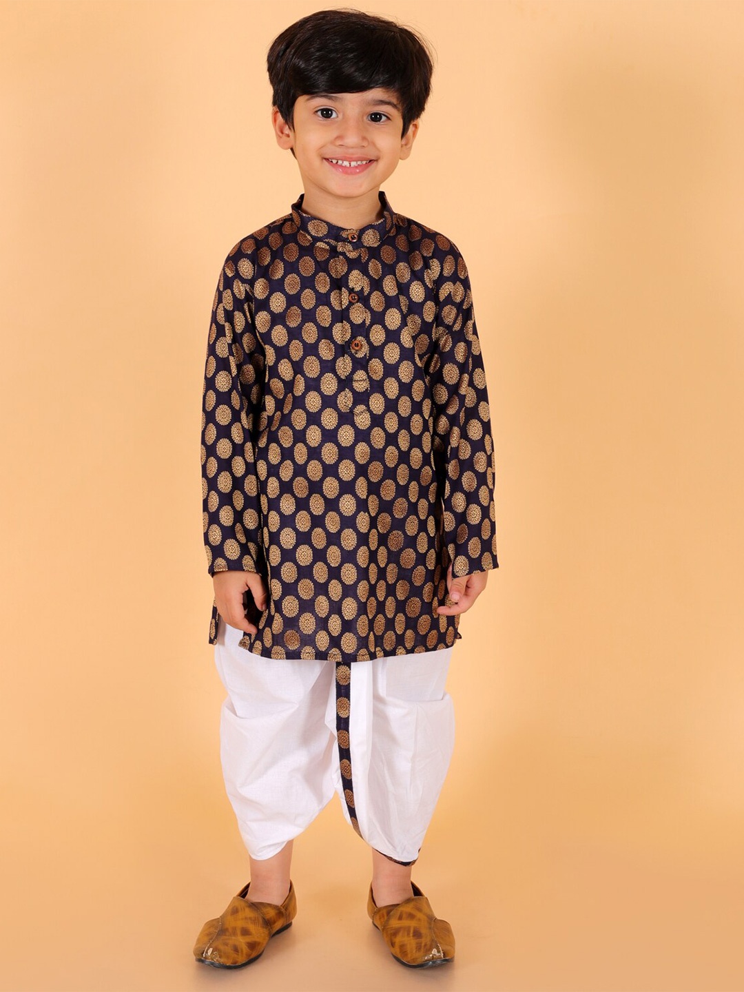 

BAESD Boys Woven Design Zari Regular Straight Kurta with Dhoti Pants, Navy blue