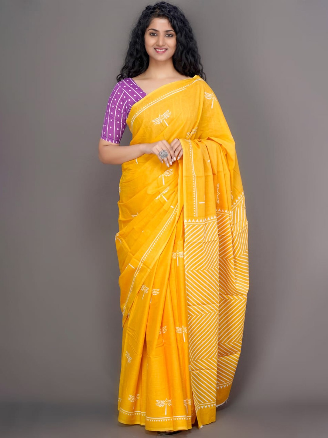 

TROPWEAR Ethnic Motifs Printed Pure Cotton Block Print Ikat Saree, Yellow