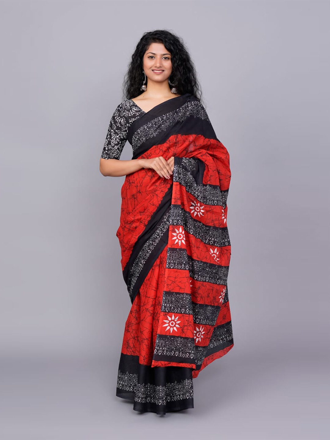 

TROPWEAR Abstract Printed Pure Cotton Ikat Saree, Red