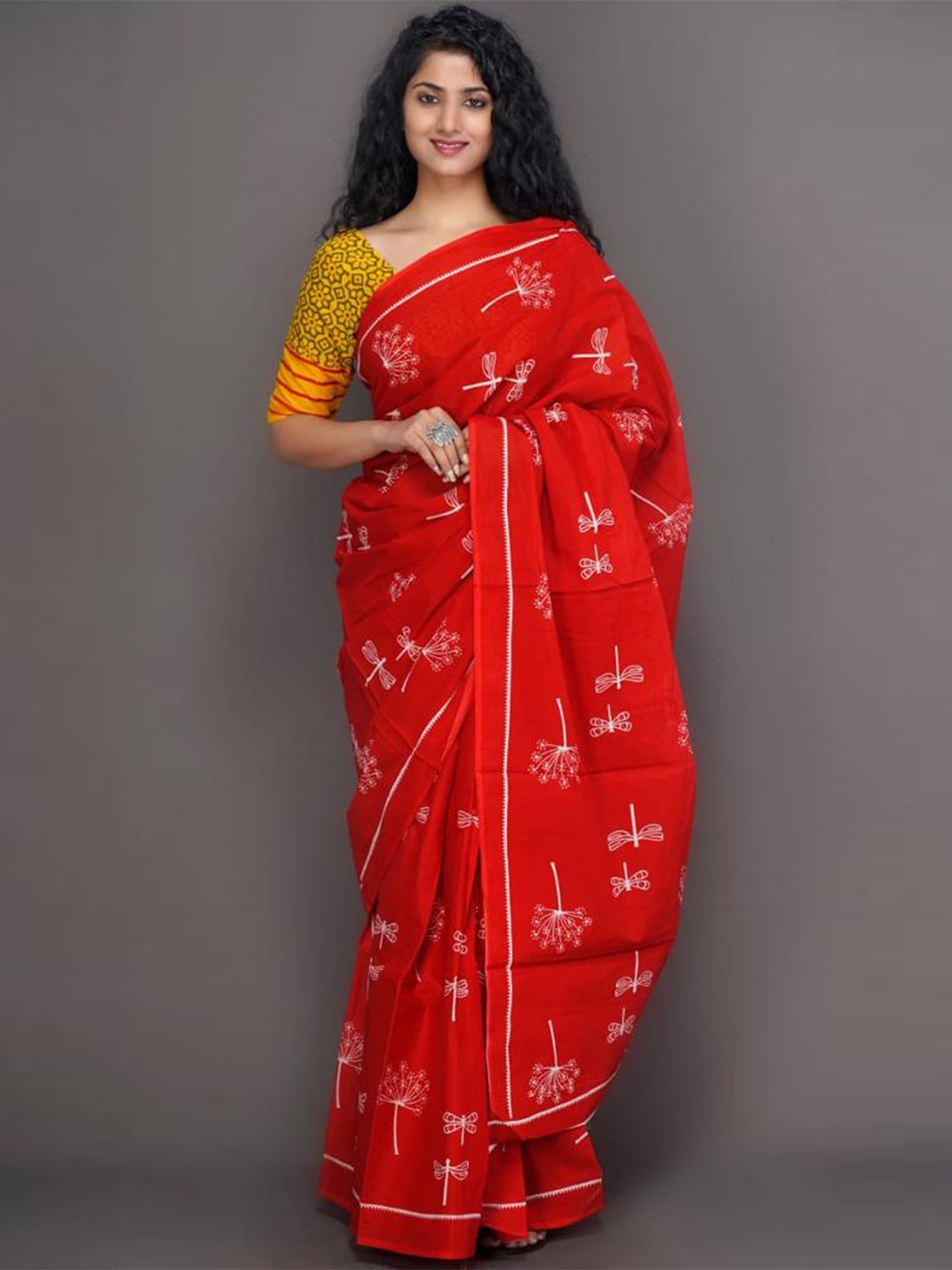 

TROPWEAR Maroon Ethnic Motifs Block Printed Pure Cotton Ikat Saree