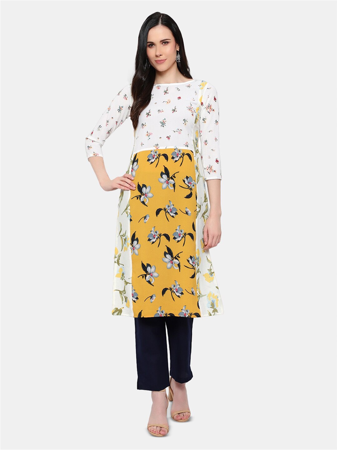 

URG Floral Printed Boat Neck Knee Length Mirror Work Cotton kurta, Yellow