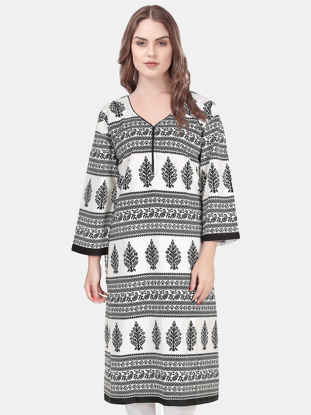 

URG Ethnic Motifs Printed V-Neck Flared Sleeves Cotton Kurtas, Grey