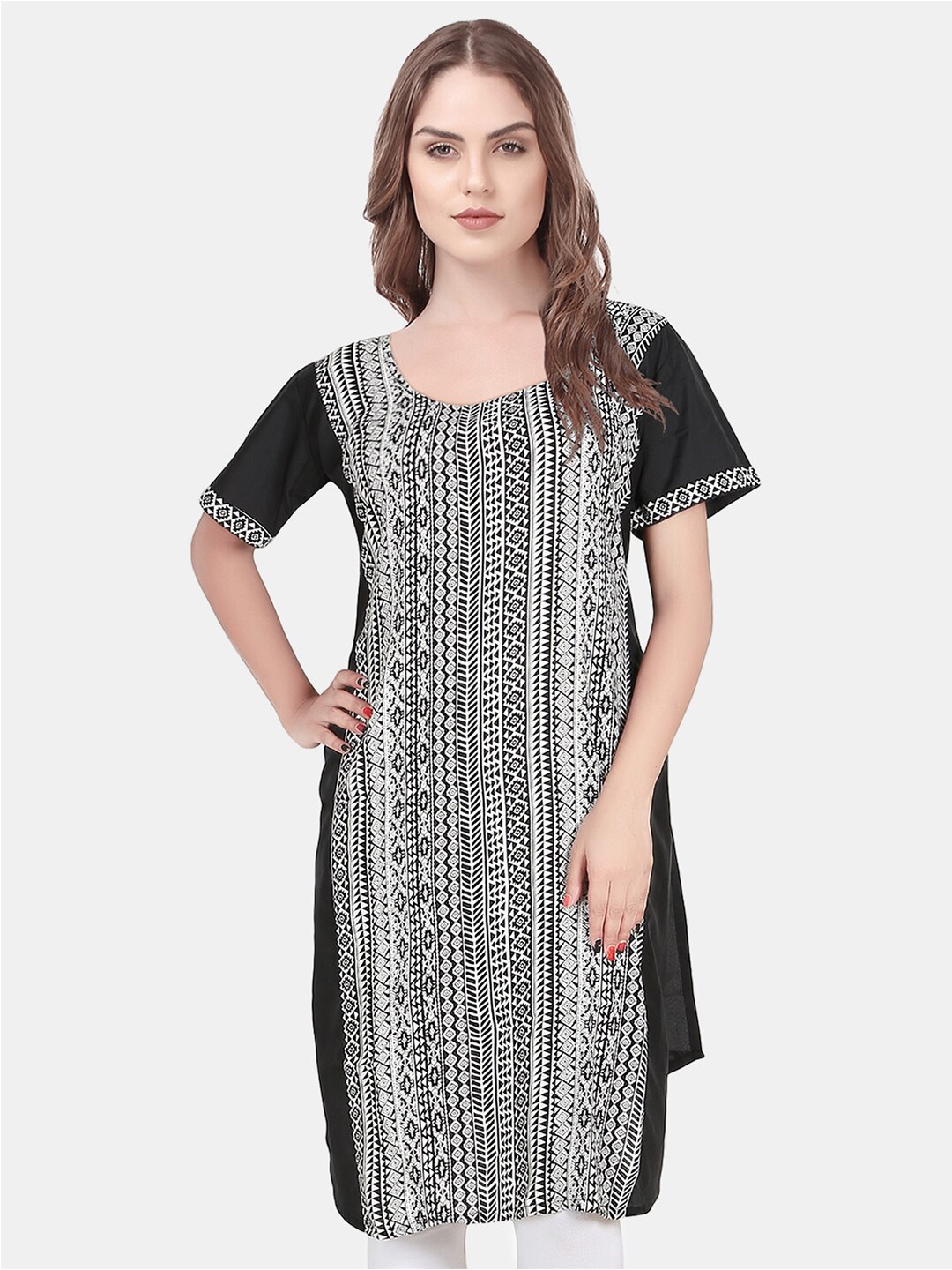 

URG Women Geometric Printed Square Neck Cotton Kurtas, Grey