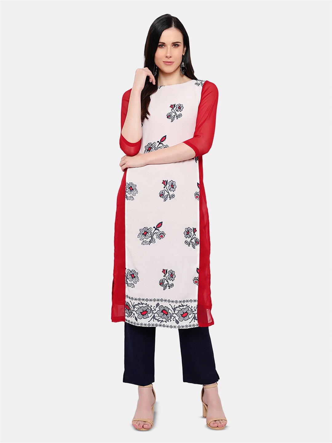 

URG Women Quirky Printed Boat Neck Calf Length Cotton Kurtas, Red