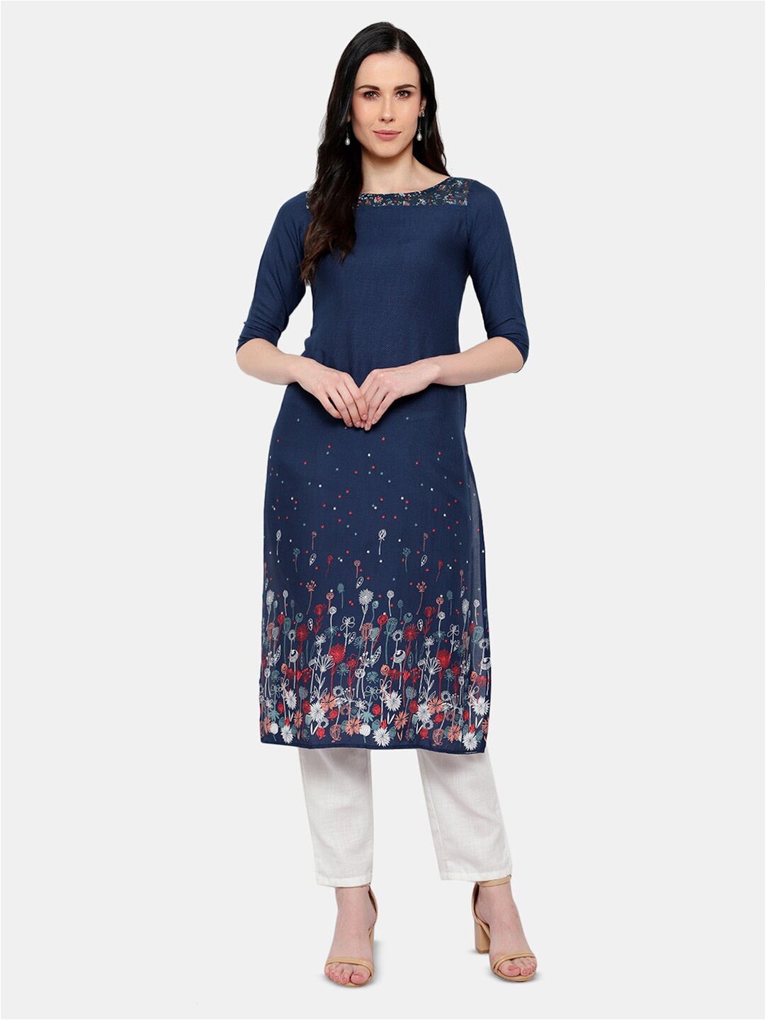 

URG Floral Printed Round Neck Sequins Calf Length Cotton Kurtas, Navy blue