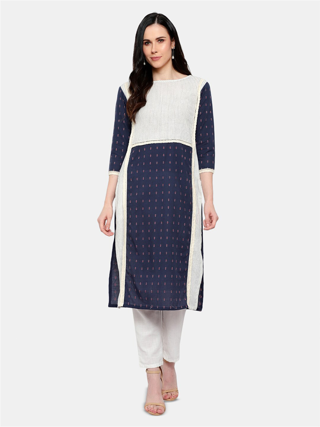 

URG Women Navy Blue Colourblocked Kurta