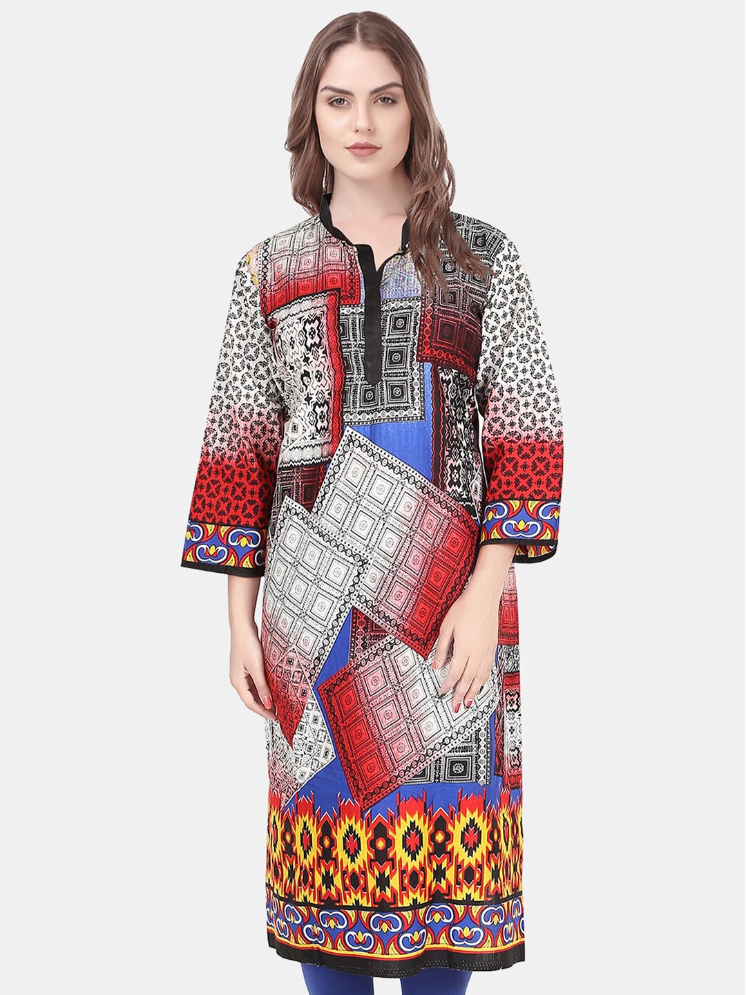 

URG White Printed Mandarin Collar Cotton Kurta