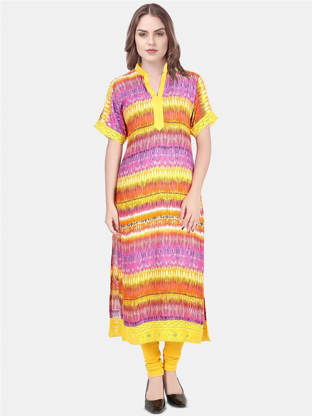 

URG Women Yellow Printed Mandarin Collar Kurta