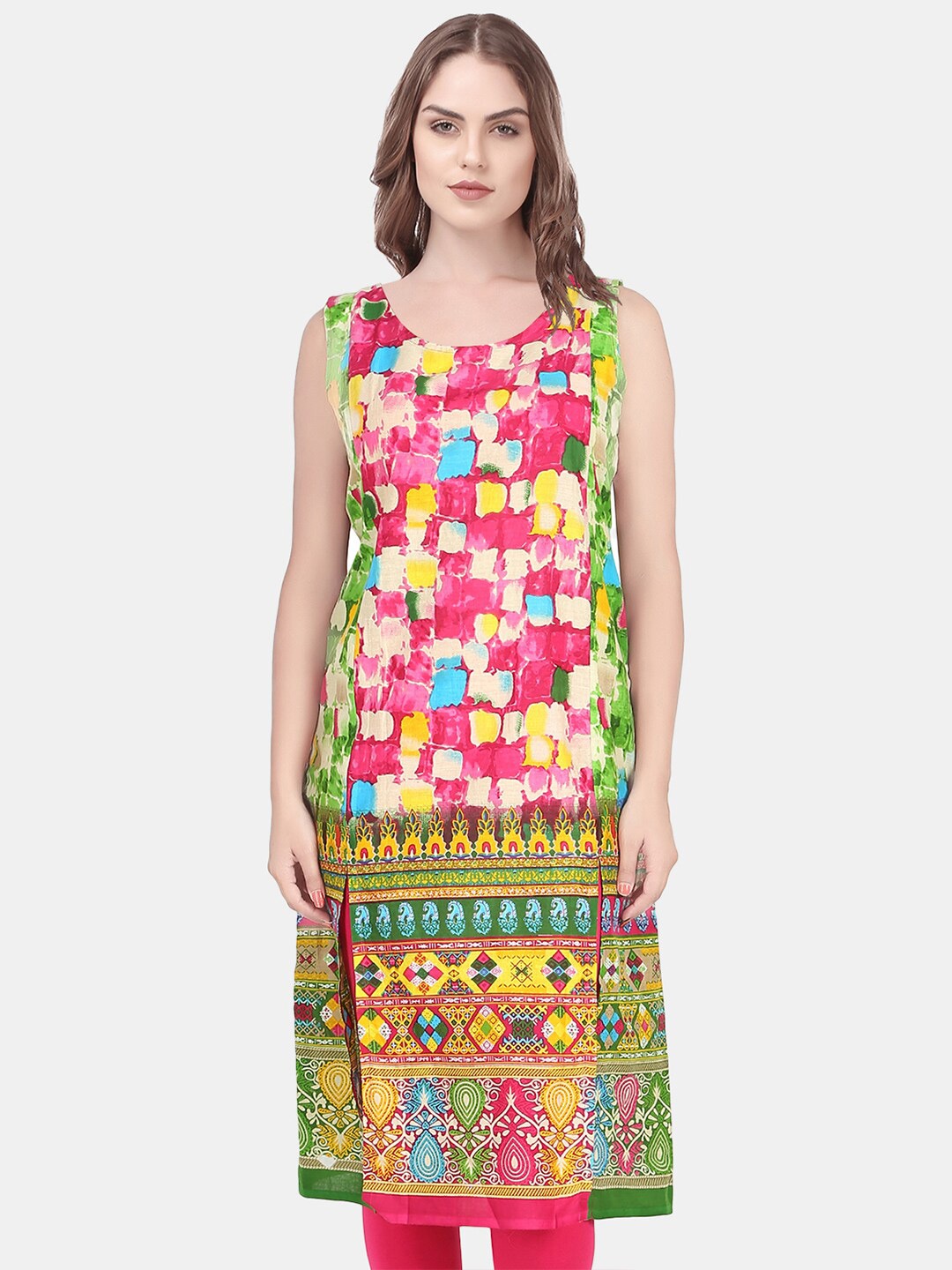 

URG Pink & Green Floral Printed Cotton Kurta
